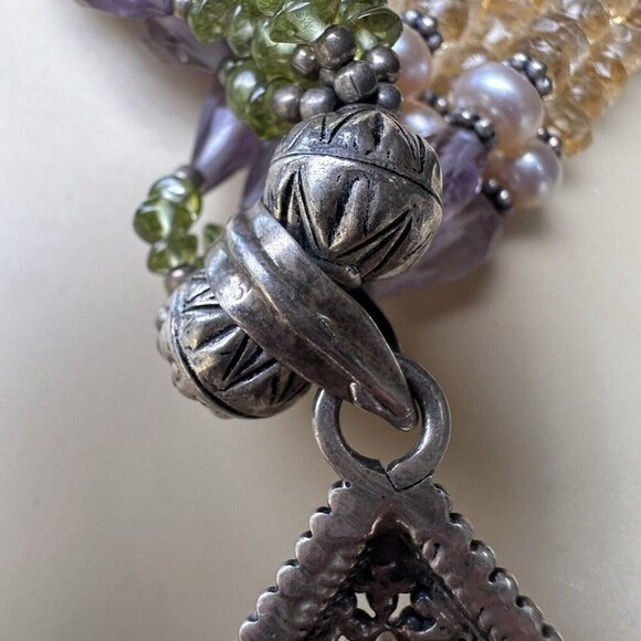 Statement Pendant Necklace 16" Amethyst Peridot Citrine Gems 925 Sterling 100.4g - Picture 7 of 12